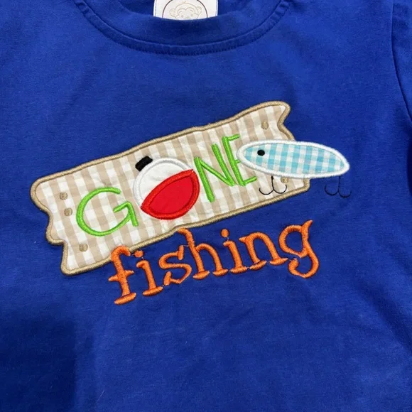 Monkey B Designs Blue “Gone Fishing” with Gingham Shorts 4T - Picture 2 of 4
